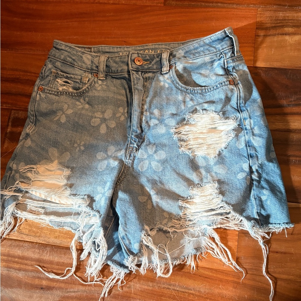 American Eagle Outfitters Distressed Floral Light Blue Denim Shorts